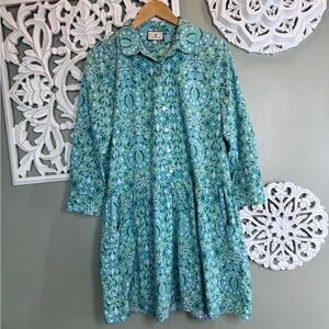 Tuckernuck Mykonos Hayes Shirt Dress Green Floral Babydoll 3/4 Sleeve Ruffle L